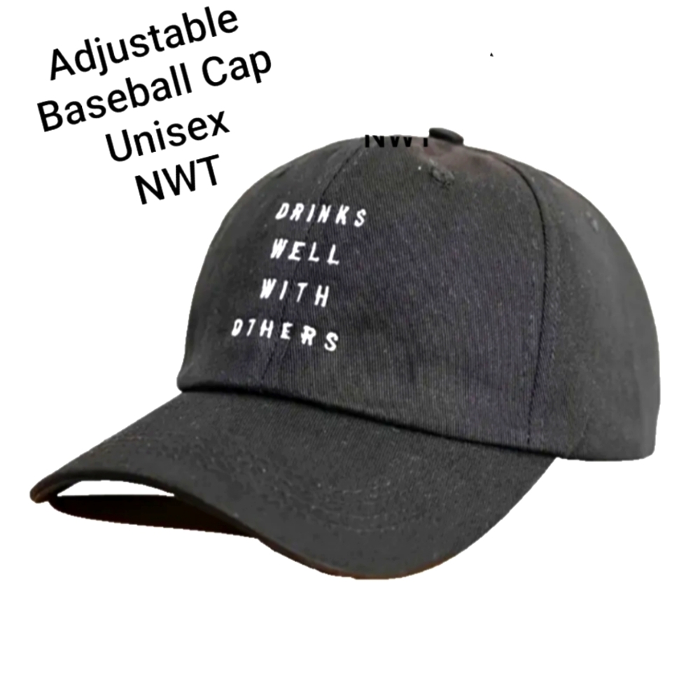 NWT Baseball Cap/Hat "Drinks Well With Others" Black Adjustable Unisex